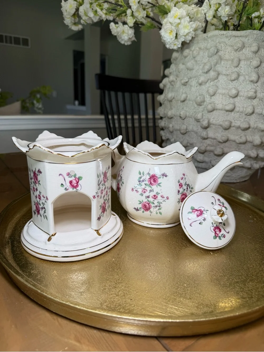 White Porcelain Pink Rose Teapot with Warmer - Classic Floral Design